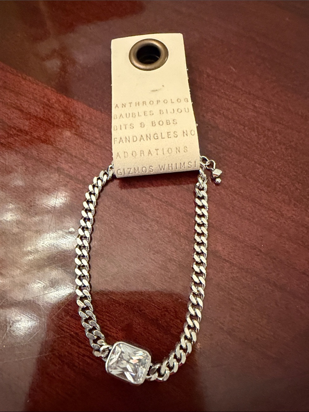 Anthropologie Silver-Tone Curb Bracelet with Clear Gem